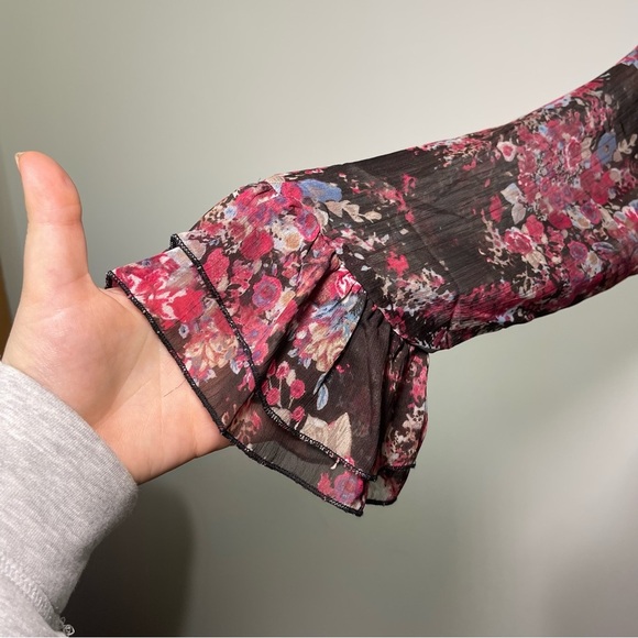 Wrangler women's Black purple Floral sheer baby doll Y2K ruffle sleeve blouse XL - Picture 2 of 6